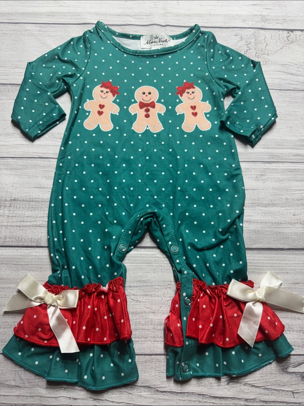 Marie Nicole Baby Girls Polka Dot Holiday Gingerbread Romper with Red Accents